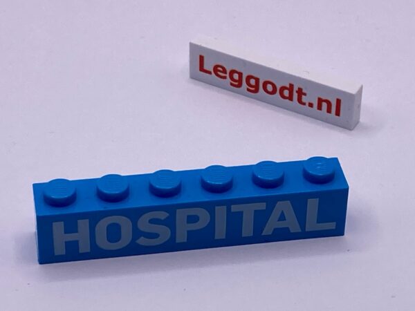 COBI: Pad printed Brick 1 x 6 with White "HOSPITAL" - light blue (jasnoniebieski)