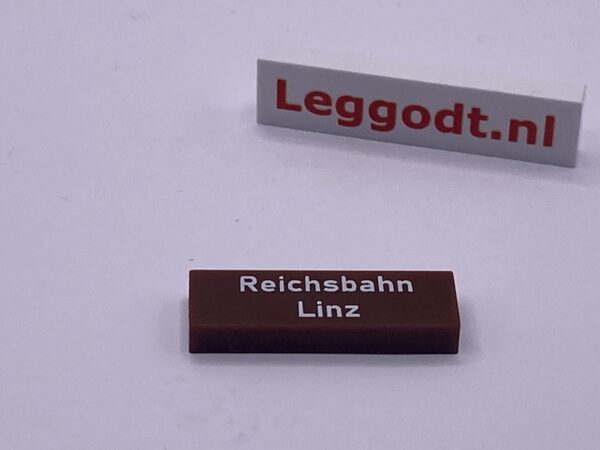 COBI: Pad printed Tile 1 x 3 with White "Reichsbahn Linz" - dark brown (ciemny braz)