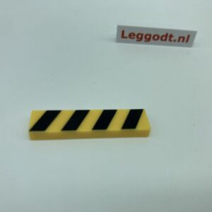 COBI: Tile 1 x 4 without Groove (with Solid Pins) with Black Diagonal Stripes (Pad printed) - bright yellow (jasnoz&oacute;lty)