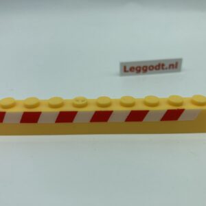 COBI: Brick 1 x 10 (with Mold Pip Pivot, Solid Pins) with Red/White Diagonal Stripes on 1 Long Side (Pad printed) - bright yellow (jasnozólty)